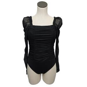 NWT Bebe Black Ruched Long Puff Sleeve Sheer‎ Mesh Bodysuit Womens Size Small
